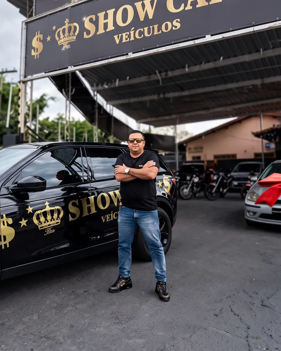 Diogo, dono da Show Car, ao lado do carro adesivado da loja em Taubaté